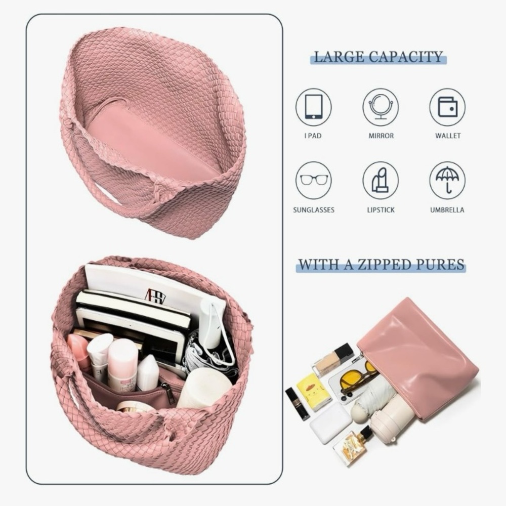 Pink faux leather weaved bag with removable zippered bag. - Picture 6 of 6